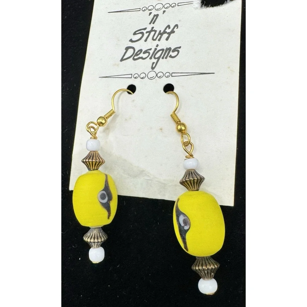 Yellow Glass Bead Dangle Earrings‎ Boho Retro Handmade Vintage